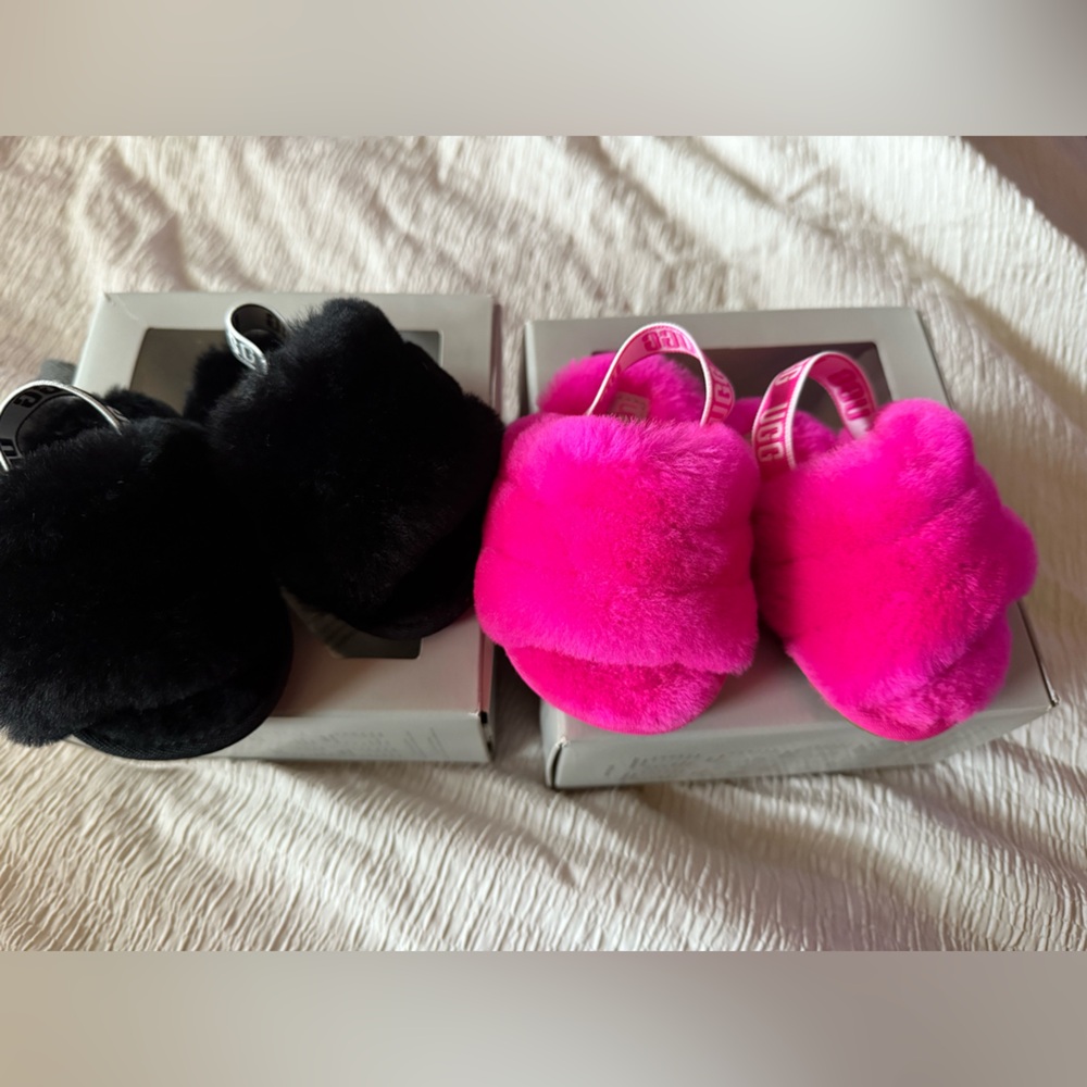 UGG Kids Black and Pink Fuzzy slippers